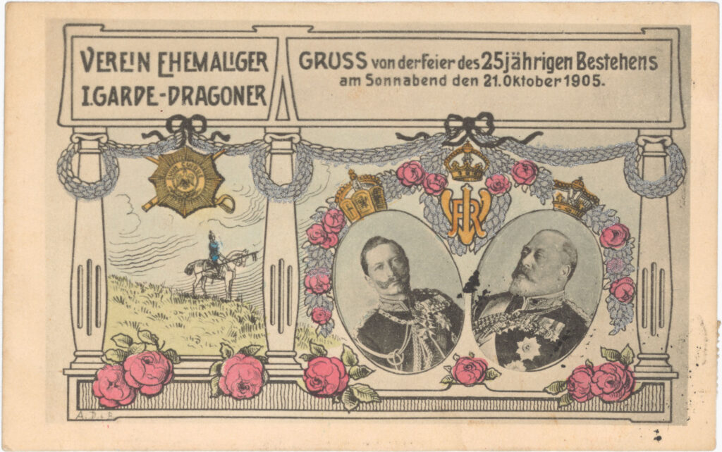Fotos von Kaiser Wilhelm II. u. vom König des Vereinigten Königreichs Eduard VII. zur Hervorhebung ihrer engen, auch verwandtschaftlichen Beziehungen. Belle-Alliance-Str. 6, o.D. (verschickt 1905), SPP / FHXB 2930