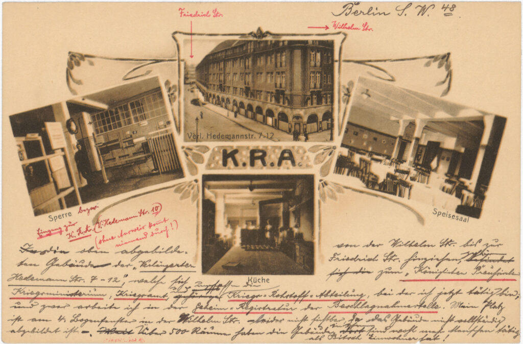 Versender kommentierte Fotografien u. beschrieb im handschriftlichen Text seinen Arbeitsalltag.Kriegs-Rohstoff-Abteilung, Hedemannstr. 7–12, o.D., SPP / FHXB 1881