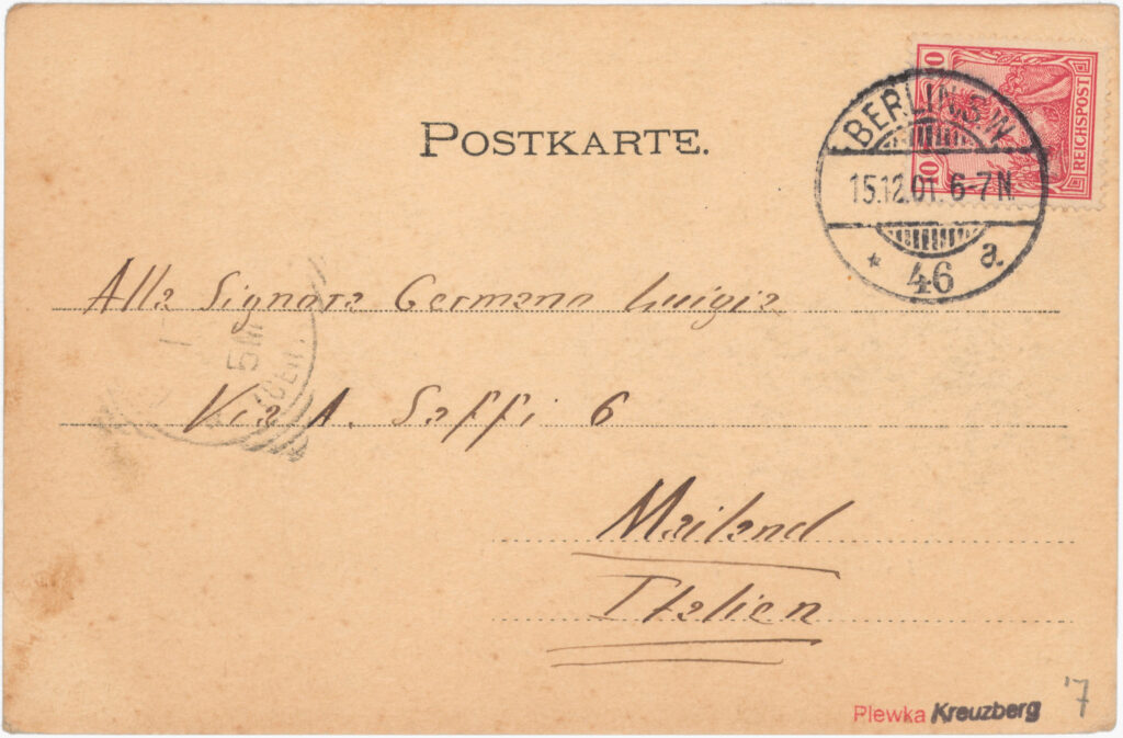 „Diese Straße ist gegenüber dem Hotel, in dem ich wohne.” (übersetzt aus dem Italienischen), außerdem Absprachen zur Ankunft in Mailand.Anhalter Str., o.D. (verschickt 1901), SPP / FHXB 0275