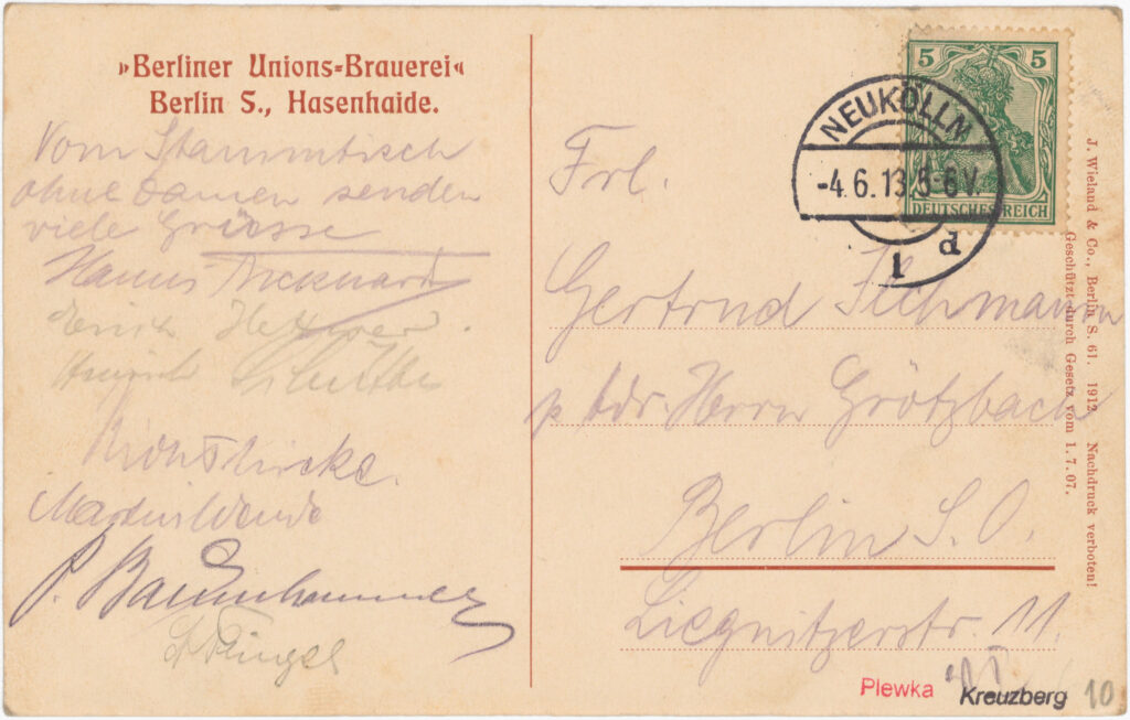 „Vom Stammtisch ohne Damen senden viele Grüsse…”Restaurant „Berliner Unions-Brauerei”, Hasenheide, 1912 (verschickt 1913), SPP / FHXB 1762