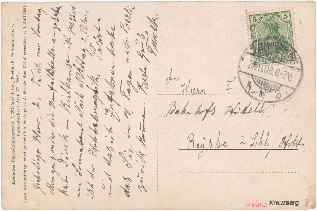„Morgens mier die Unfallstelle angesehen habe // am Sonnabend Nach Mittag 2. Uhr, ist das Hochbahnunglük Pasirt. “Hochbahnunglück 1908 Gleisdreieck, o.D. (verschickt 28.09.1908; zwei Tage nach dem Ereignis), SPP / FHXB 1252