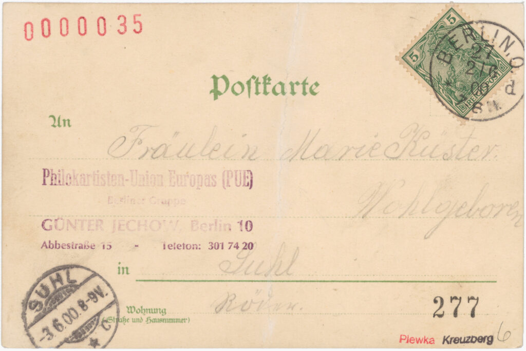Stamped with „Philokartisten-Union Europas (PUE) // Berlin group // Günther Jechow, Berlin 10”, on the text side “Our Empress Returning from the Parade Field”Hallesches Tor, no date (sent in 1900), SPP / FHXB 1549