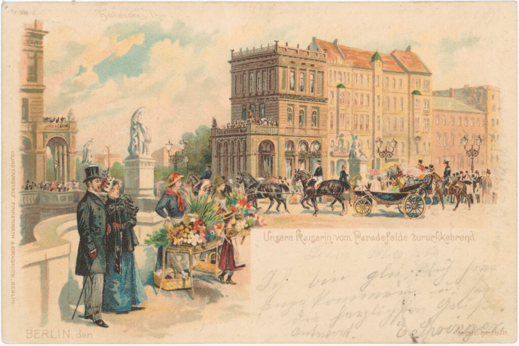 Stamped with „Philokartisten-Union Europas (PUE) // Berlin group // Günther Jechow, Berlin 10”, on the text side “Our Empress Returning from the Parade Field”Hallesches Tor, no date (sent in 1900), SPP / FHXB 1549